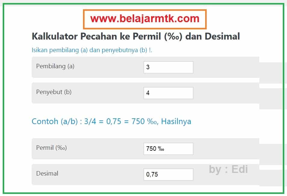 Kalkulator Mengubah Pecahan Menjadi Permil dan Desimal